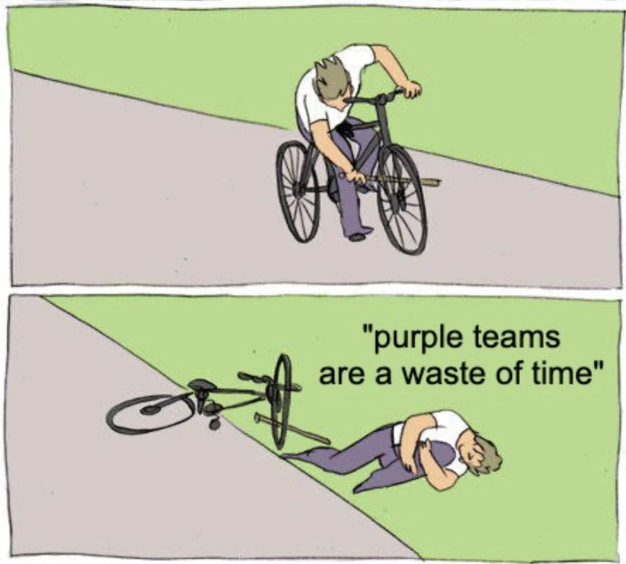 The ‘stick in bicycle wheel’ meme: a cyclist jams a stick into their own front wheel and crashes, the second panel captioned “purple teams are a waste of time.”
