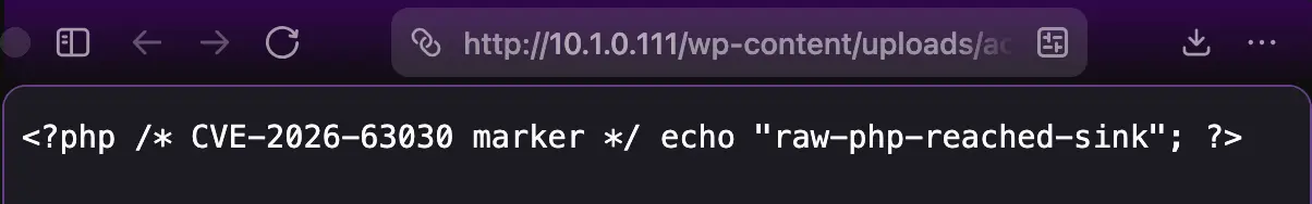 The uploaded file is served as plain text, not executed; the raw PHP tag echoing “raw-php-reached-sink” shows verbatim in the browser.