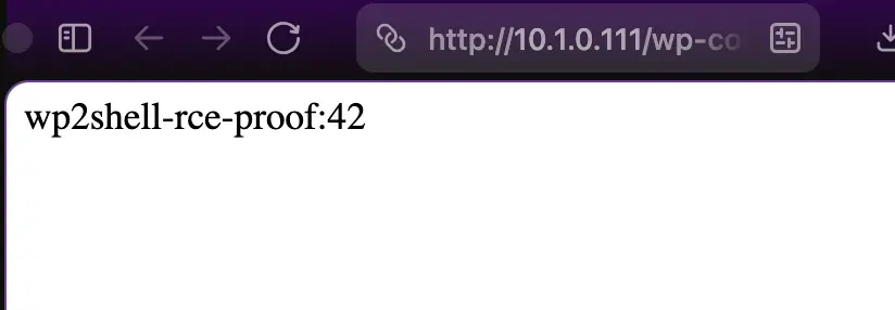 The proof.php page loaded in the browser, rendering wp2shell-rce-proof:42, with the PHP executed rather than shown as source.