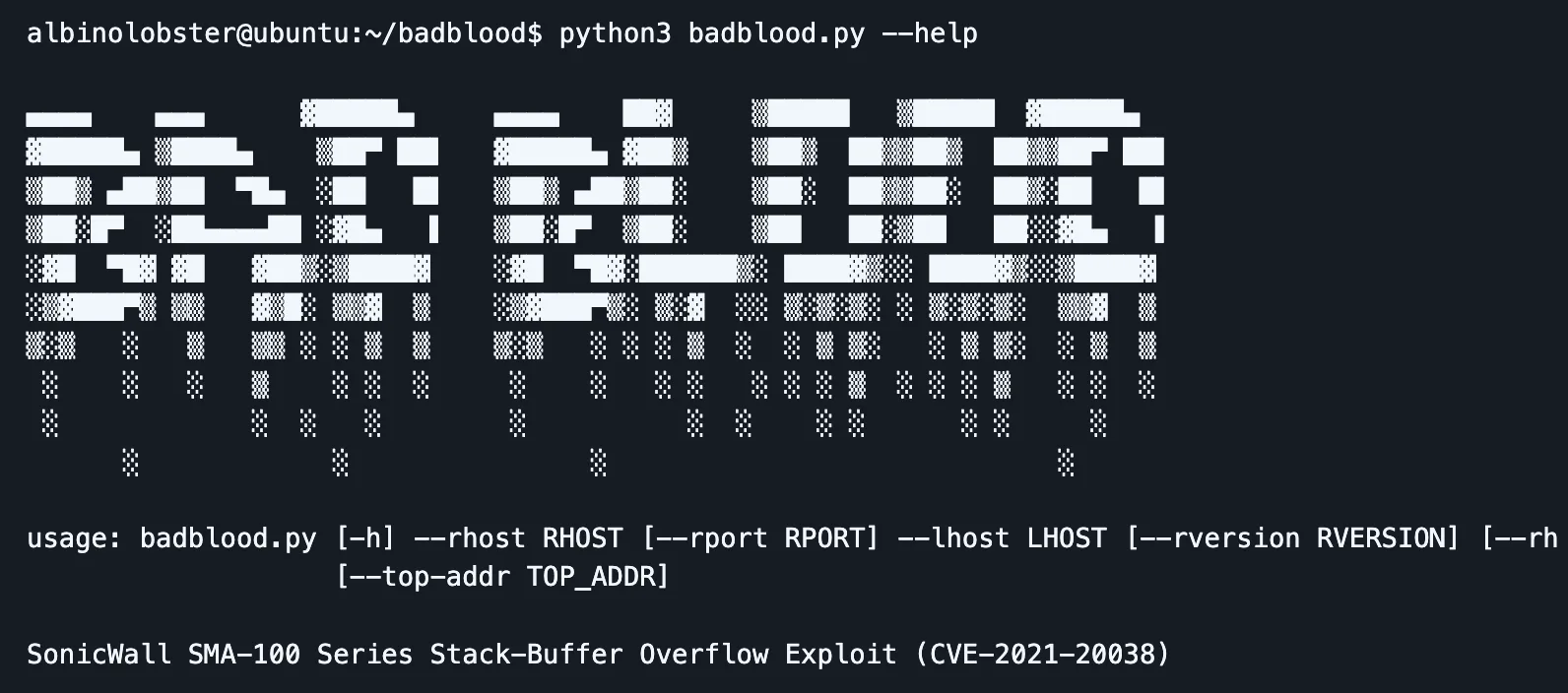 Terminal output of python3 badblood.py --help showing a large ASCII-art BADBLOOD banner above usage text reading ‘SonicWall SMA-100 Series Stack-Buffer Overflow Exploit (CVE-2021-20038).’