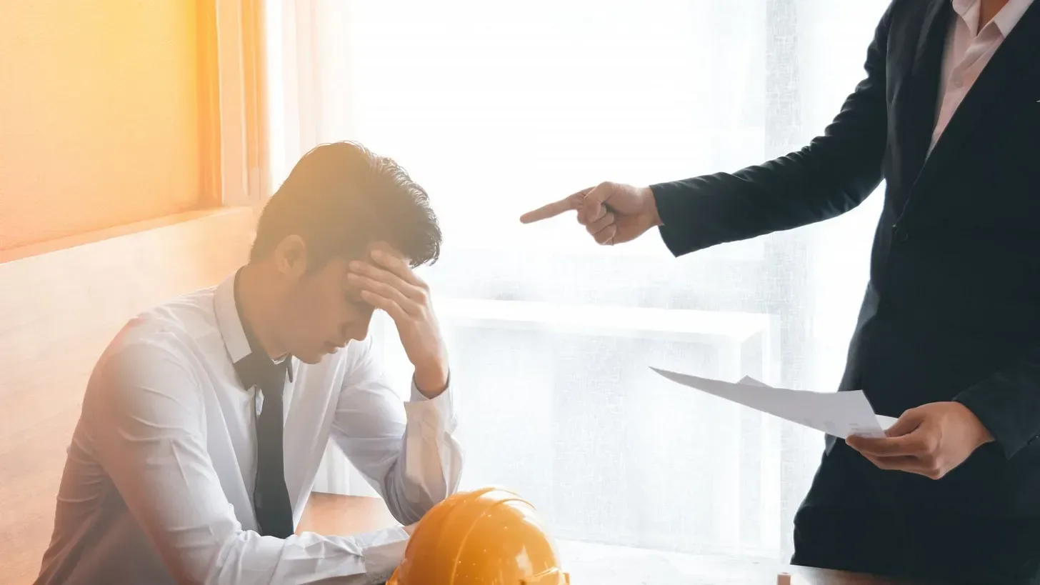 A distressed office worker holds their forehead at a desk while a person in a suit points an accusing finger at them.