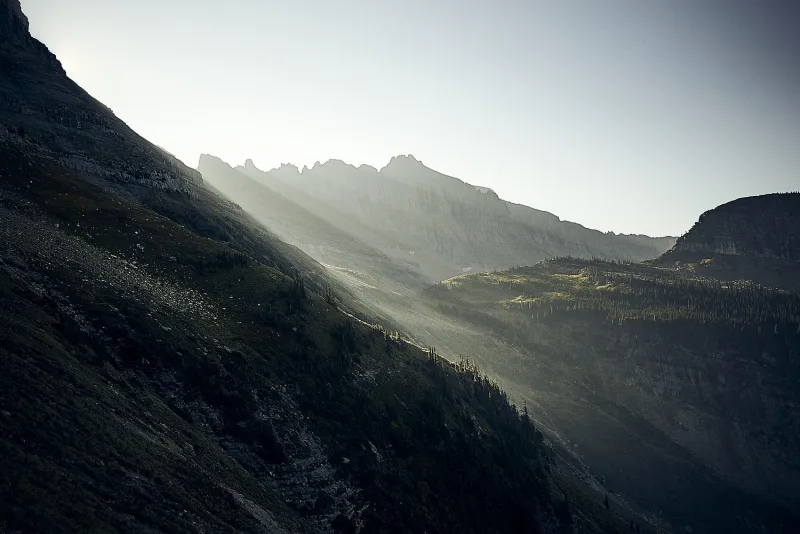 Low sun raking across a mountain valley, catching the ridge line and a band of trees below.